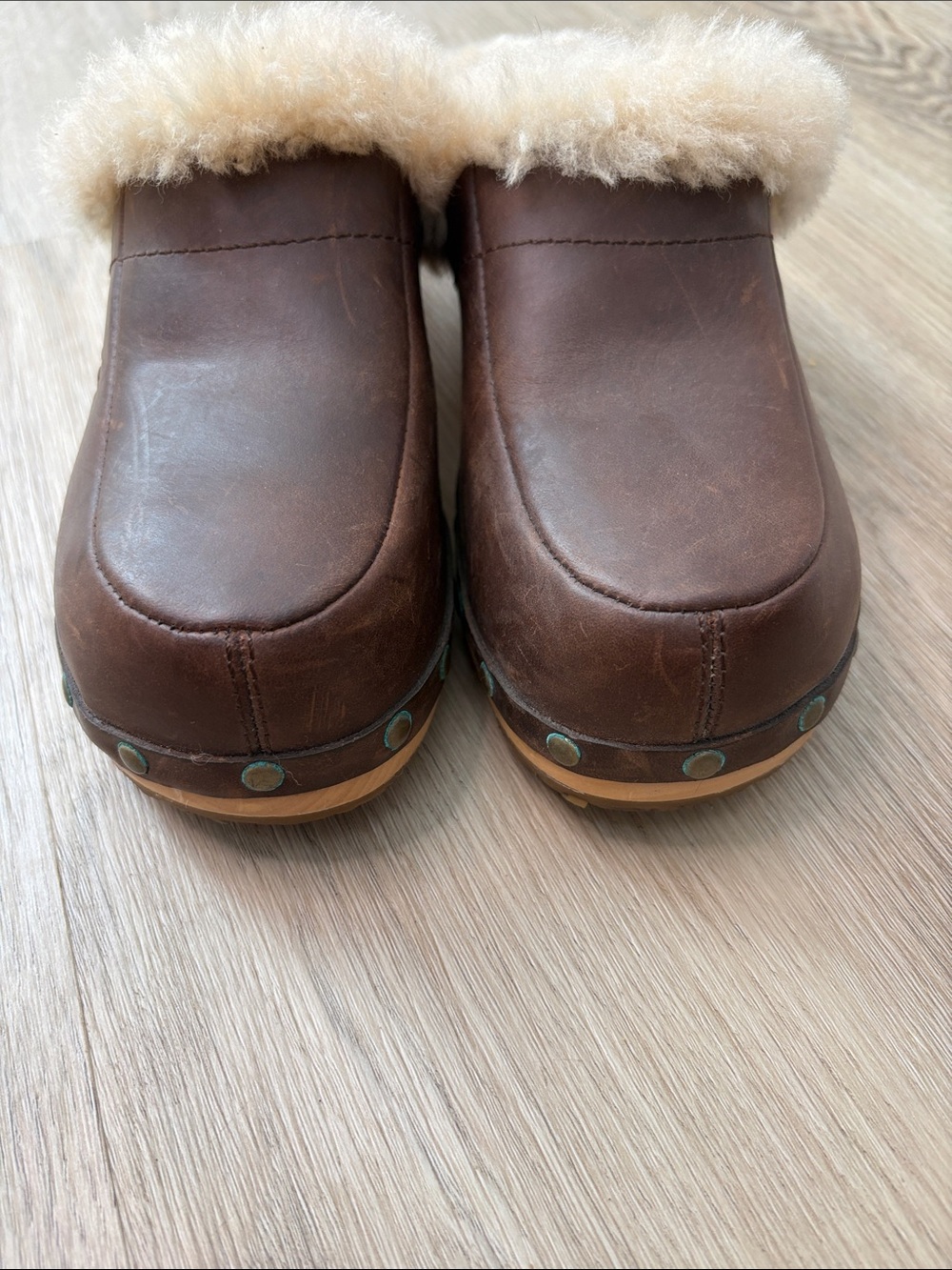 UGG Australia Kalie Brown Leather Shearling Lined Wooden Clogs Size 7 cozy warm - Picture 4 of 10